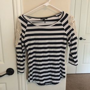 Navy and White Striped Crochet Sleeve Top